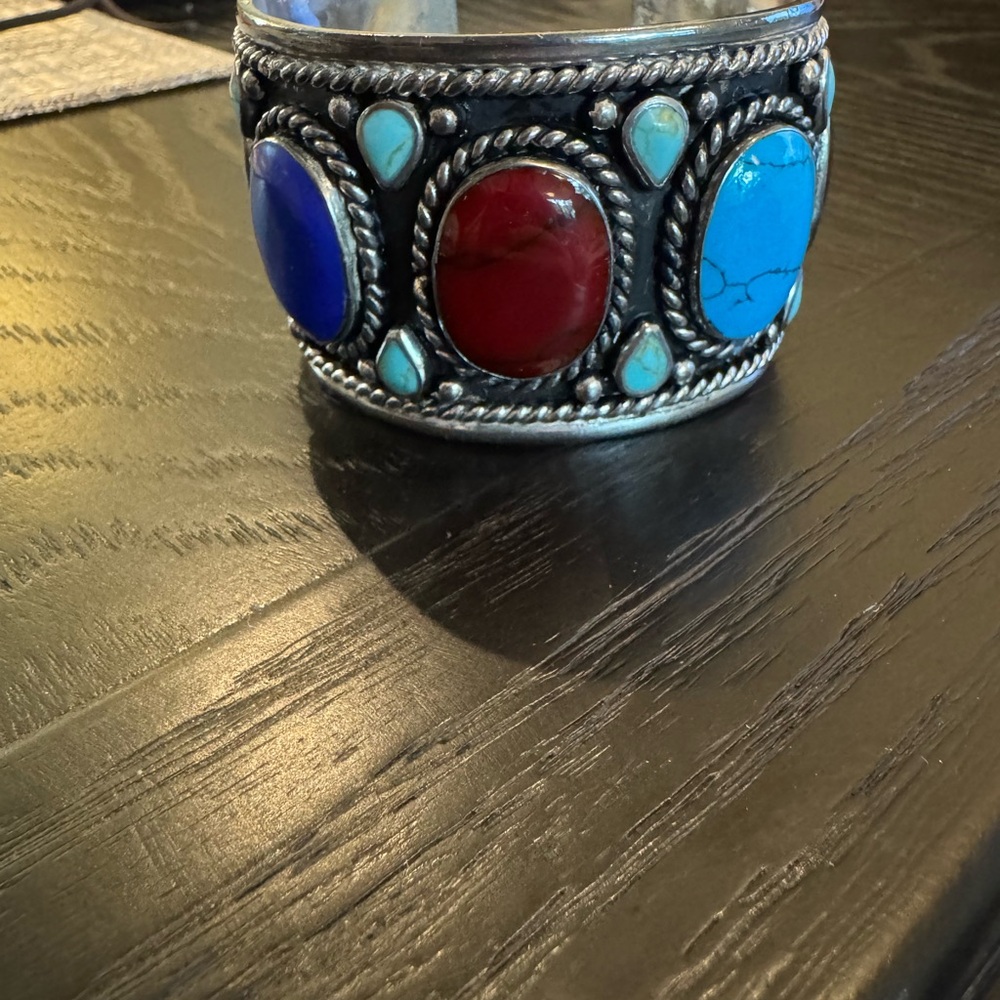 Vtg Handcrafted Multistone Silver Cuff Bracelet - Turquoise, Coral, Lapiz - Picture 2 of 6